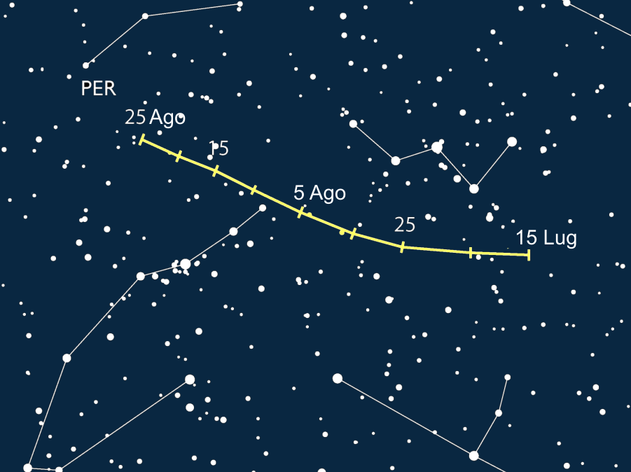La mappa mostra il percorso del radiante delle Perseidi nel cielo nel periodo a cavallo tra la fine di luglio e la fine di agosto. IMO - International Meteor Organization
